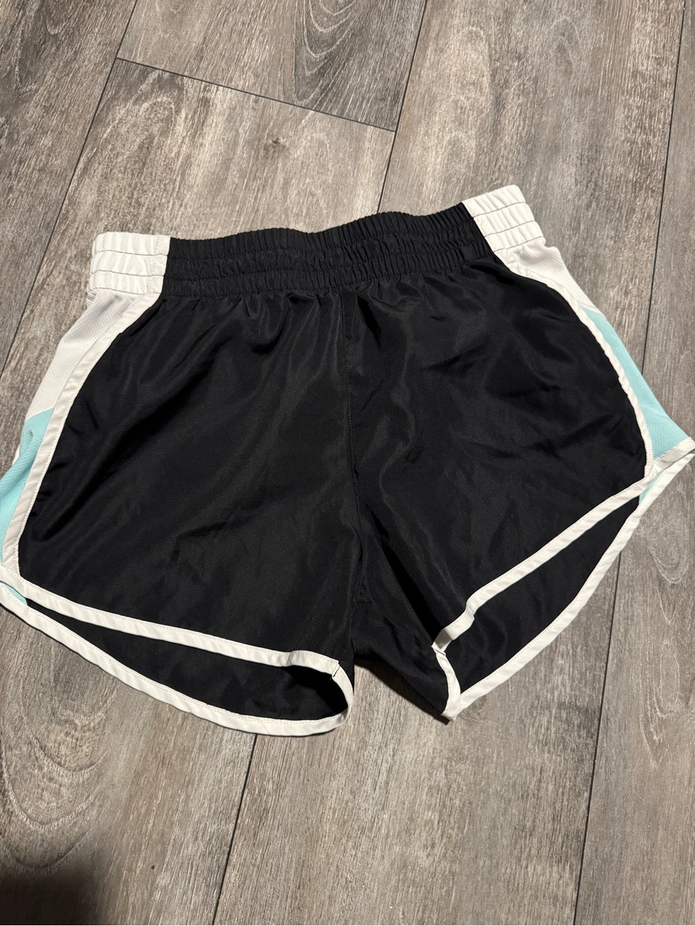Women’s Black Athletic Shorts with White Trim and Light Blue Accents